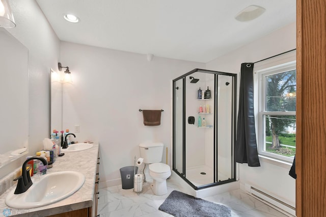 51 6th Ave N, Fargo, ND 58102 - full bath featuring baseboard heating, marble finish floors, and a stall shower