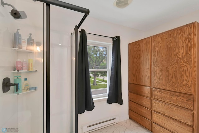 51 6th Ave N, Fargo, ND 58102 - bathroom featuring baseboard heating, marble finish floors, and an enclosed shower