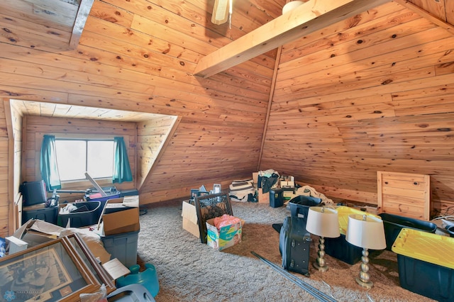 51 6th Ave N, Fargo, ND 58102 - bonus room featuring carpet flooring, wooden walls, and a wooden ceiling with exposed beams