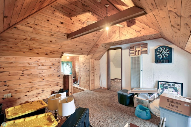 51 6th Ave N, Fargo, ND 58102 - additional living space with wooden ceiling, carpet, lofted ceiling, wood walls, and a heating unit