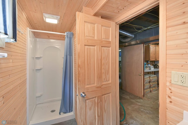 51 6th Ave N, Fargo, ND 58102 - full bathroom with a stall shower, wooden walls, unfinished concrete flooring, and wood ceiling