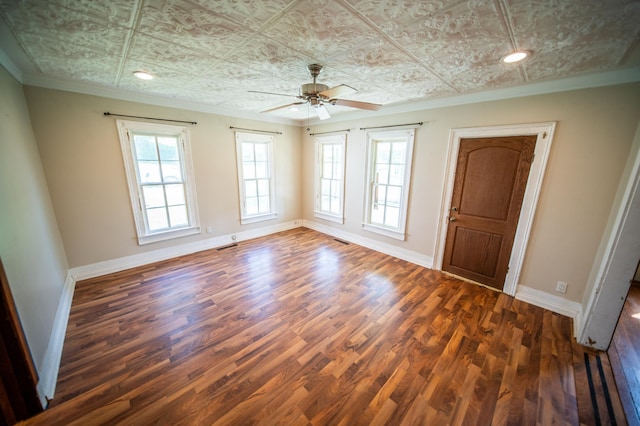 415 Minnesota Ave S, Oronoco, MN 55960 - unfurnished room featuring crown molding, an ornate ceiling, wood finished floors, a ceiling fan, and recessed lighting
