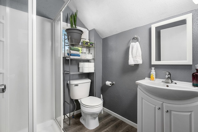 400 Mill St, Loyal, WI 54446 - full bath with lofted ceiling, wood finished floors, vanity, a stall shower, and a textured wall