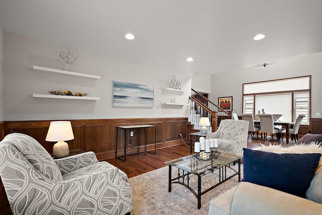 4407 Curve Ave, Edina, MN 55424 - living room with wainscoting, wood finished floors, stairs, and recessed lighting