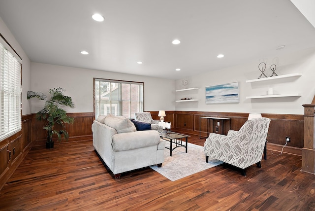 4407 Curve Ave, Edina, MN 55424 - living room featuring a wainscoted wall, dark wood-style flooring, recessed lighting, and wood walls