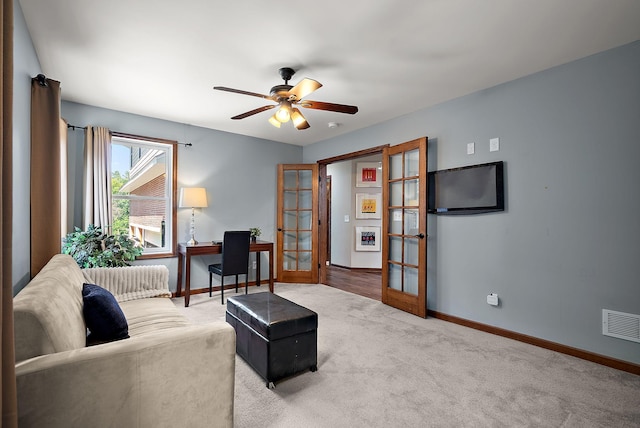 4407 Curve Ave, Edina, MN 55424 - carpeted living room featuring french doors and a ceiling fan