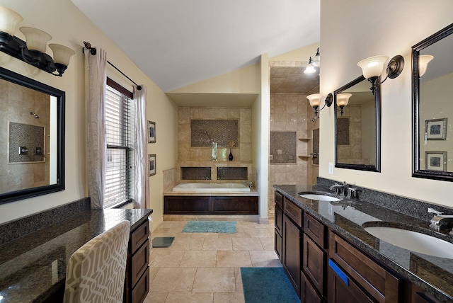 4407 Curve Ave, Edina, MN 55424 - full bathroom featuring a bath, double vanity, and vaulted ceiling