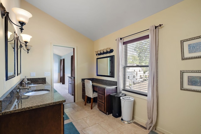 4407 Curve Ave, Edina, MN 55424 - bathroom featuring lofted ceiling and double vanity