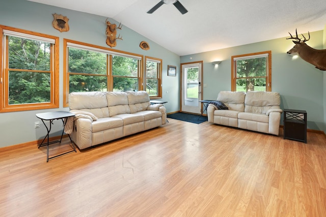 5100 16th St NE, Minden Twp, MN 56379 - living area featuring wood finished floors, healthy amount of natural light, lofted ceiling, and a ceiling fan