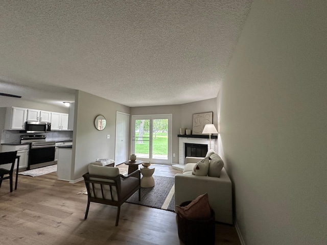 12619 Alder St NW, Coon Rapids, MN 55448 - living area featuring light wood-type flooring, a textured ceiling, and a fireplace