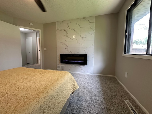 12619 Alder St NW, Coon Rapids, MN 55448 - bedroom featuring a high end fireplace, carpet flooring, and a textured ceiling