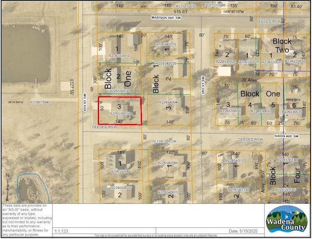 1420 4th St SW, Wadena, MN 56482 - aerial map of property and surrounding area featuring property boundaries highlighted
