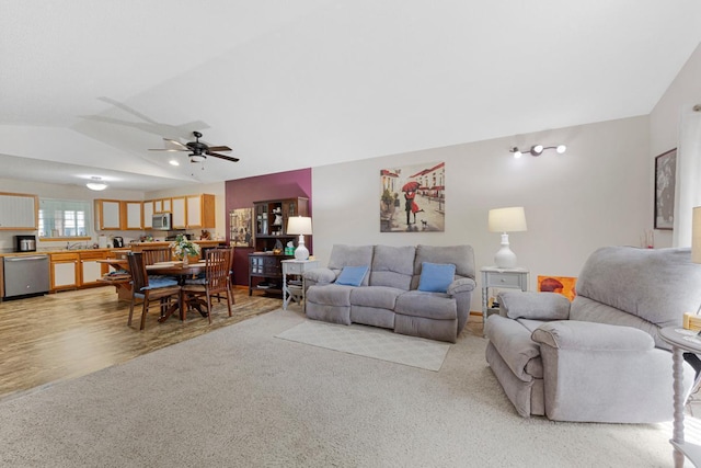 114 Oxford Path, Mankato, MN 56001 - living room with lofted ceiling, light colored carpet, and ceiling fan