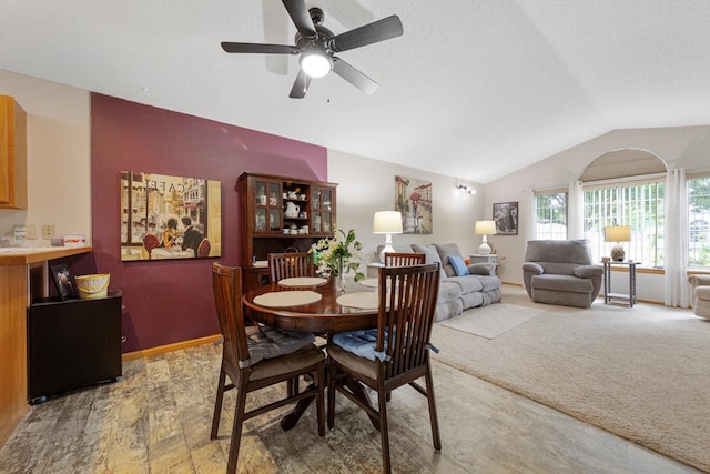 114 Oxford Path, Mankato, MN 56001 - dining area with lofted ceiling, a ceiling fan, and light wood-type flooring