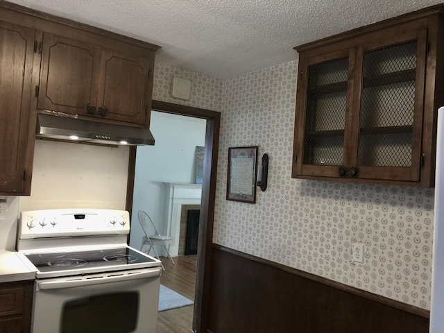 5505 Morgan Ave S, Minneapolis, MN 55419 - kitchen with white electric range oven, under cabinet range hood, wallpapered walls, dark brown cabinets, and a textured ceiling