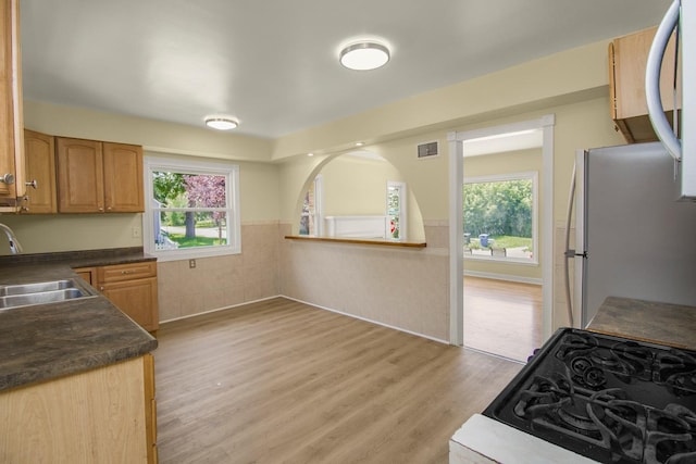 4700 Xerxes Ave N, Minneapolis, MN 55430 - kitchen with plenty of natural light, a wainscoted wall, dark countertops, stove, and light wood-style flooring