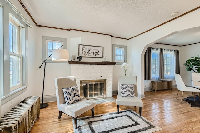 2810 Morgan Ave N, Minneapolis, MN 55411 - living room featuring radiator heating unit, ornamental molding, wood finished floors, arched walkways, and a textured ceiling