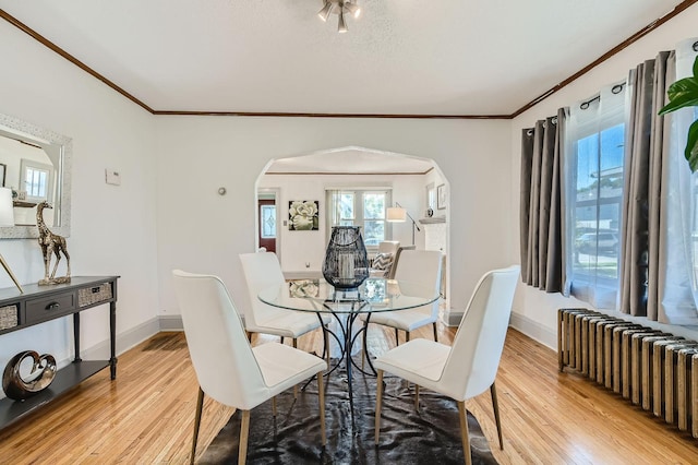 2810 Morgan Ave N, Minneapolis, MN 55411 - dining space featuring radiator, arched walkways, light wood-type flooring, and crown molding