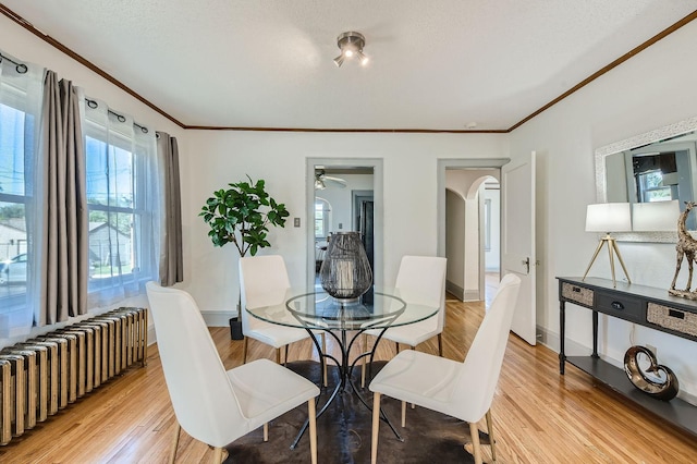 2810 Morgan Ave N, Minneapolis, MN 55411 - dining area featuring radiator, crown molding, arched walkways, light wood-style floors, and plenty of natural light
