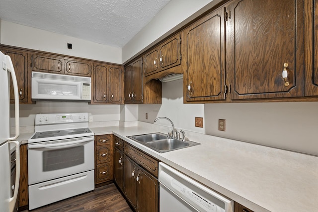 2671 Sumac Rdg, White Bear Lake, MN 55110 - kitchen featuring white appliances, light countertops, dark wood-style flooring, a textured ceiling, and dark brown cabinets