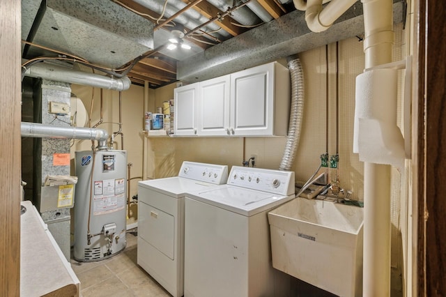 2671 Sumac Rdg, White Bear Lake, MN 55110 - laundry area featuring water heater, washing machine and dryer, light tile patterned floors, and cabinet space