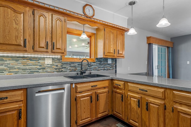 3820 8th St, Owatonna, MN 55060 - kitchen featuring dishwasher, decorative backsplash, hanging light fixtures, and brown cabinets