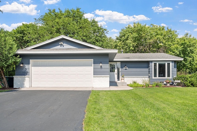 6502 Lancaster Ln N, Maple Grove, MN 55369 - single story home featuring asphalt driveway, a front lawn, a garage, brick siding, and roof with shingles