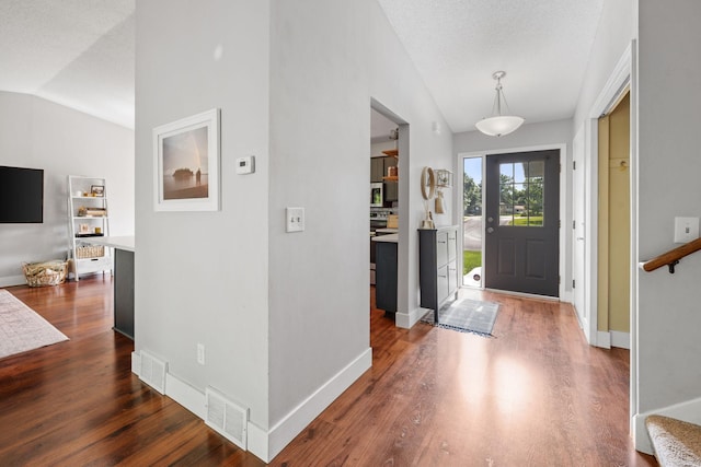 6502 Lancaster Ln N, Maple Grove, MN 55369 - entryway featuring vaulted ceiling and dark wood-type flooring