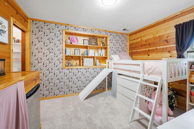 6502 Lancaster Ln N, Maple Grove, MN 55369 - bedroom featuring wallpapered walls, carpet, crown molding, and a textured ceiling