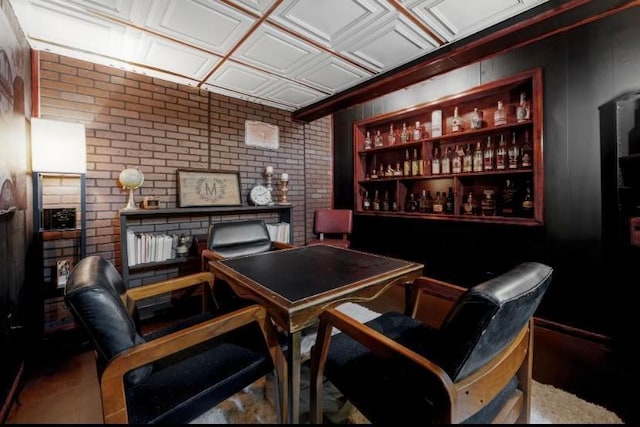 6502 Lancaster Ln N, Maple Grove, MN 55369 - misc room featuring brick wall, an office area, and an ornate ceiling