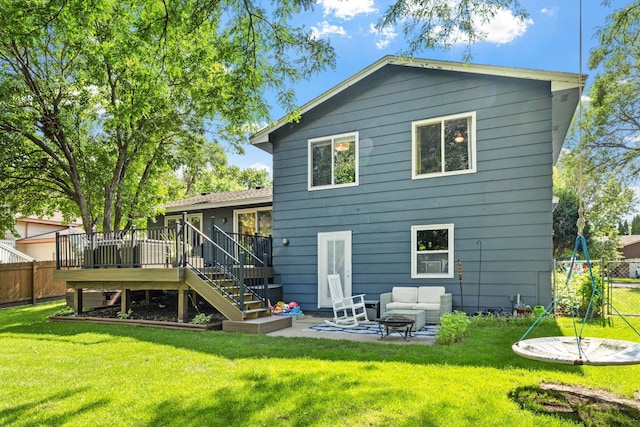 6502 Lancaster Ln N, Maple Grove, MN 55369 - back of house with a wooden deck, outdoor lounge area, stairs, and a patio