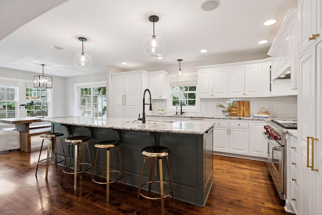 4622 Drexel Ave, Edina, MN 55424 - kitchen featuring double oven range, healthy amount of natural light, white cabinetry, dark wood-style flooring, and recessed lighting