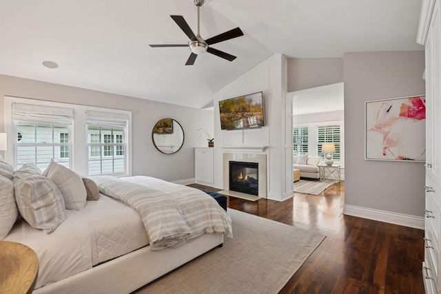 4622 Drexel Ave, Edina, MN 55424 - bedroom featuring high vaulted ceiling, a fireplace with flush hearth, dark wood-style flooring, and a ceiling fan