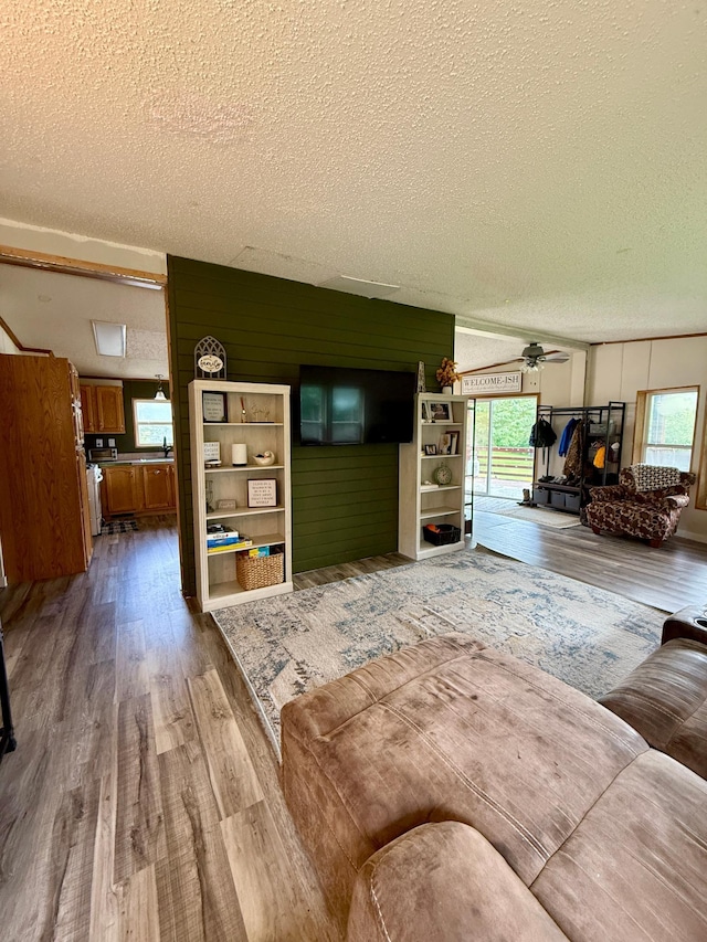 656 22nd Ave NW, Baudette Twp, MN 56623 - living area with wood finished floors, a textured ceiling, and a ceiling fan