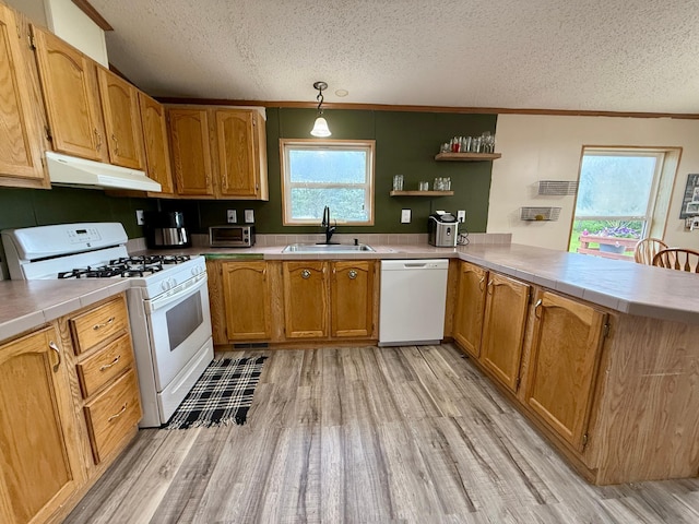 656 22nd Ave NW, Baudette Twp, MN 56623 - kitchen featuring white appliances, under cabinet range hood, a textured ceiling, a peninsula, and light wood-type flooring