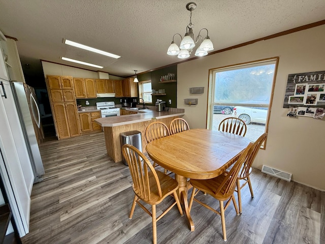 656 22nd Ave NW, Baudette Twp, MN 56623 - dining room featuring light wood-style flooring, a textured ceiling, lofted ceiling, a chandelier, and crown molding