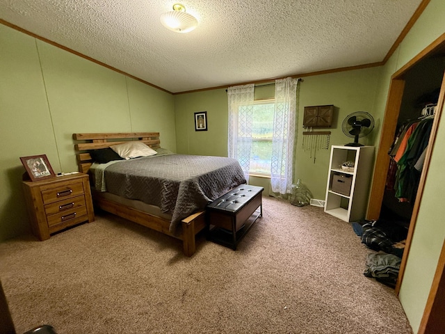 656 22nd Ave NW, Baudette Twp, MN 56623 - carpeted bedroom featuring crown molding, a textured ceiling, and vaulted ceiling
