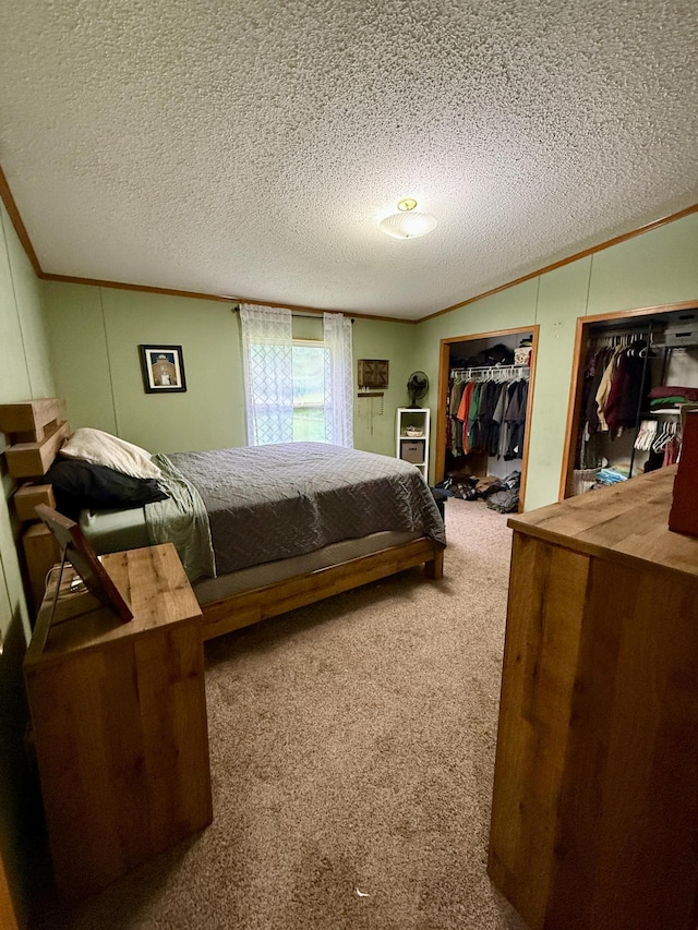 656 22nd Ave NW, Baudette Twp, MN 56623 - bedroom featuring ornamental molding, carpet flooring, a textured ceiling, multiple closets, and lofted ceiling