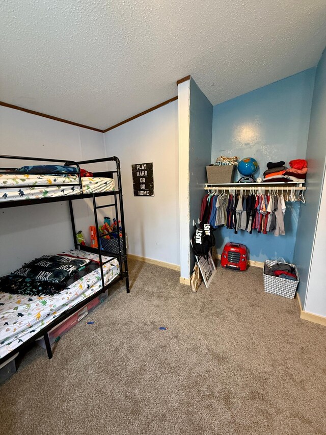 656 22nd Ave NW, Baudette Twp, MN 56623 - bedroom with carpet floors, crown molding, and a textured ceiling