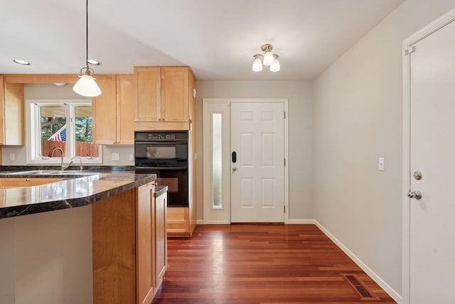 549 Vicki Ln, Shoreview, MN 55126 - kitchen featuring dark wood finished floors, recessed lighting, light brown cabinetry, and decorative light fixtures