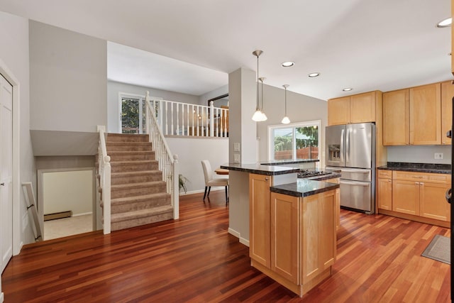549 Vicki Ln, Shoreview, MN 55126 - kitchen featuring stainless steel refrigerator with ice dispenser, dark wood finished floors, recessed lighting, pendant lighting, and light brown cabinets