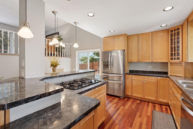 549 Vicki Ln, Shoreview, MN 55126 - kitchen featuring appliances with stainless steel finishes, wood finished floors, glass insert cabinets, recessed lighting, and decorative light fixtures