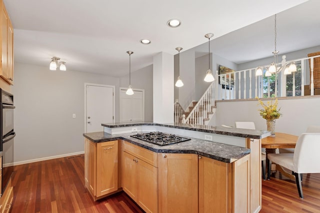 549 Vicki Ln, Shoreview, MN 55126 - kitchen with black gas stovetop, dark wood finished floors, a chandelier, recessed lighting, and a kitchen island