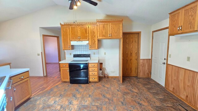 9136 Windsor Ter, Brooklyn Park, MN 55443 - kitchen with black / electric stove, under cabinet range hood, lofted ceiling, ceiling fan, and a wainscoted wall