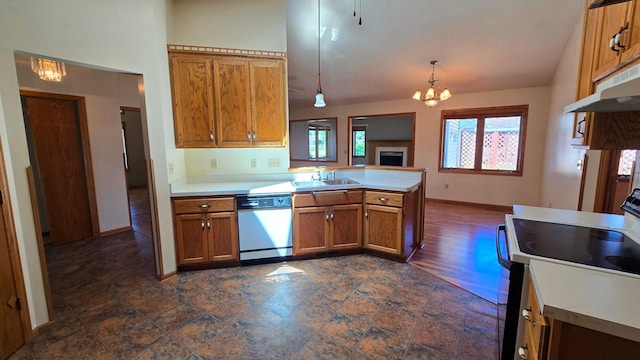 9136 Windsor Ter, Brooklyn Park, MN 55443 - kitchen featuring electric range, white dishwasher, brown cabinets, under cabinet range hood, and a peninsula