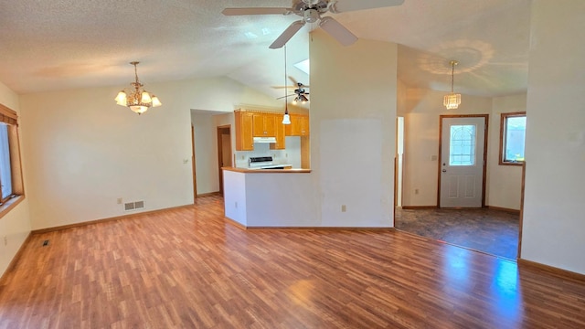 9136 Windsor Ter, Brooklyn Park, MN 55443 - unfurnished living room with light wood finished floors, a ceiling fan, vaulted ceiling, and a chandelier