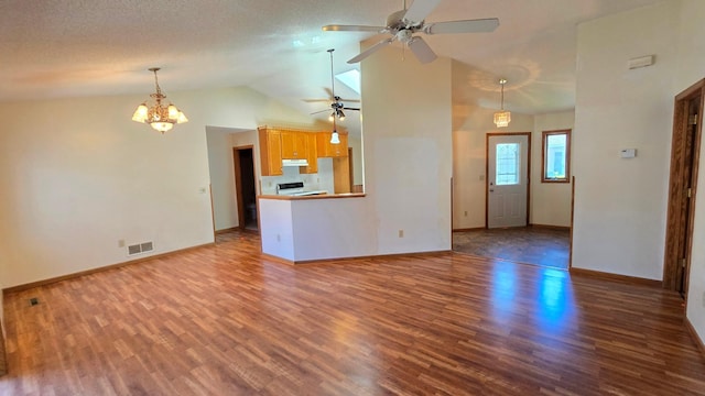 9136 Windsor Ter, Brooklyn Park, MN 55443 - unfurnished living room with wood finished floors, ceiling fan, lofted ceiling, and a chandelier