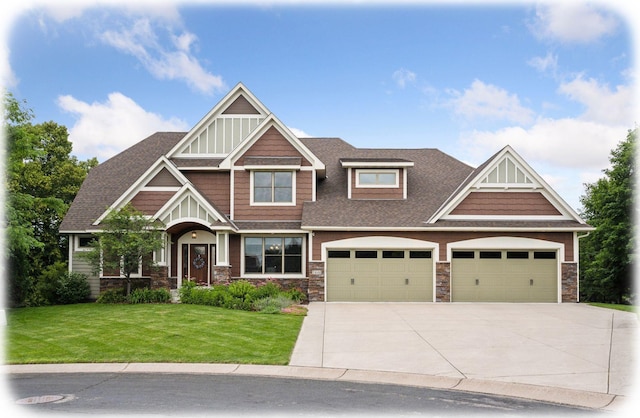 7461 Merrimac Ln N, Maple Grove, MN 55311 - craftsman inspired home with stone siding, a front yard, concrete driveway, roof with shingles, and a garage