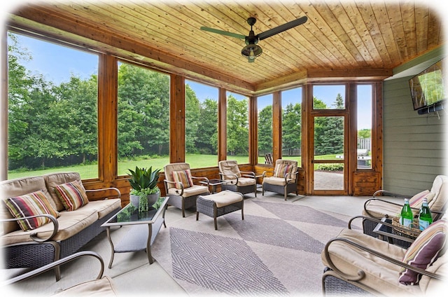 7461 Merrimac Ln N, Maple Grove, MN 55311 - sunroom / solarium featuring outdoor lounge area, carpet, a ceiling fan, wood walls, and wood ceiling