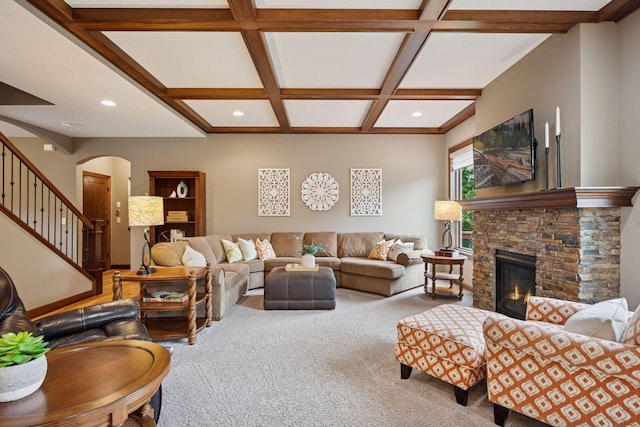 7461 Merrimac Ln N, Maple Grove, MN 55311 - living area with carpet flooring, arched walkways, coffered ceiling, stairway, and recessed lighting